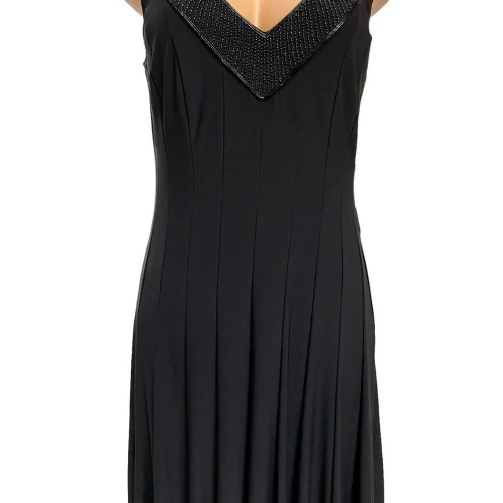 Lauren Ralph Lauren Black Beaded V Neck Pleated A Line Sleeveless Lined Dress 8 - Picture 3 of 14